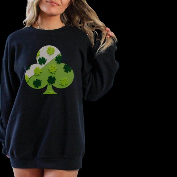 Shamrock Sweatshirt for Saint Patrick Day Color Black Green Clover - Picture 5 of 8